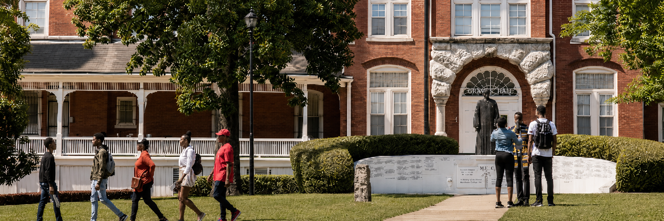 Students walking near Graves Hall on the Morehouse College campus